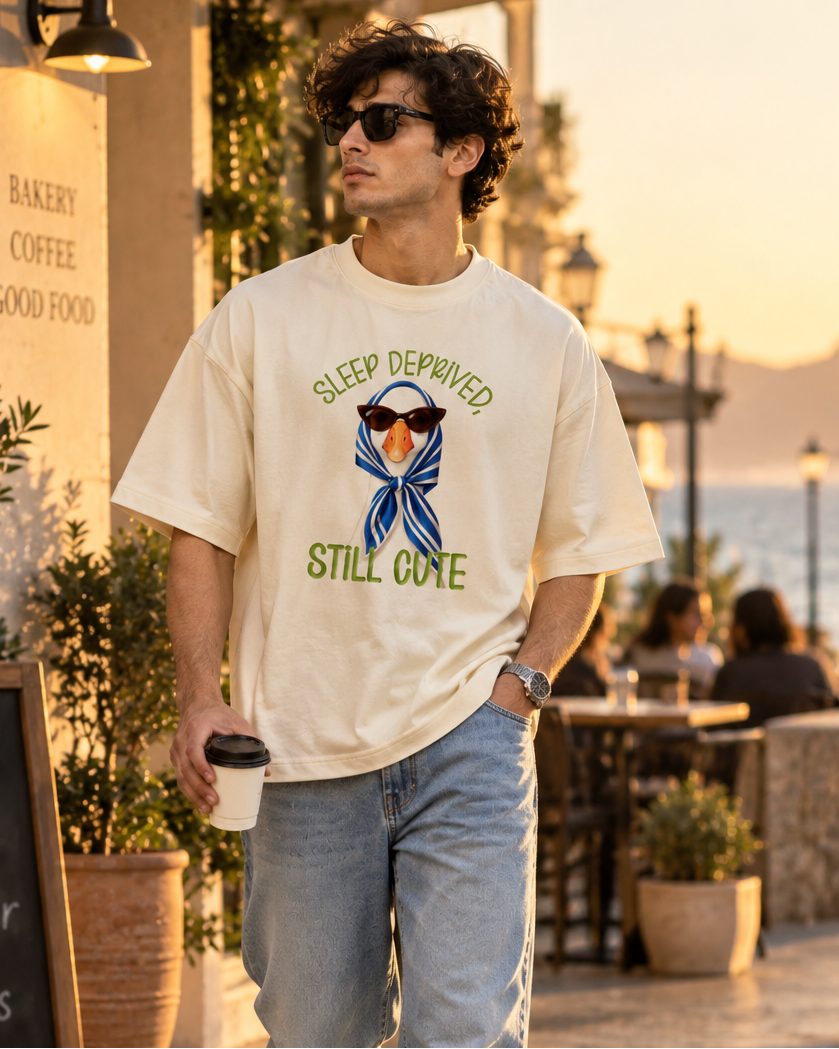 A man wearing a cream-colored graphic t-shirt with a cartoon dog wearing sunglasses and a blue bandana, with the text 'SLEEP DEPRIVED STILL CUTE' in green. Styling an off white duck graphic oversized T-shirt with casual streetwear