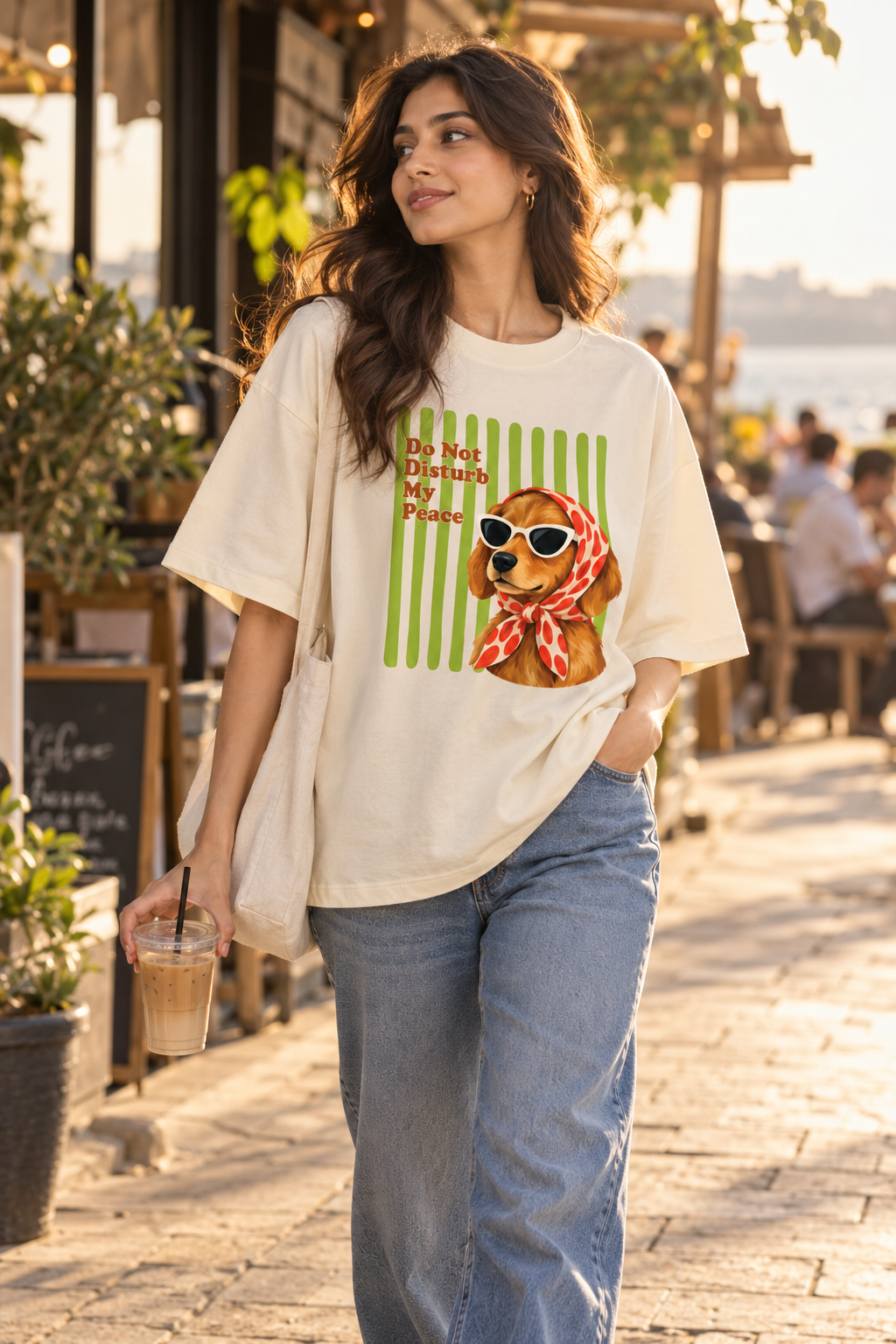 Oversized dog graphic T-shirt styled with casual jeans and sneakers