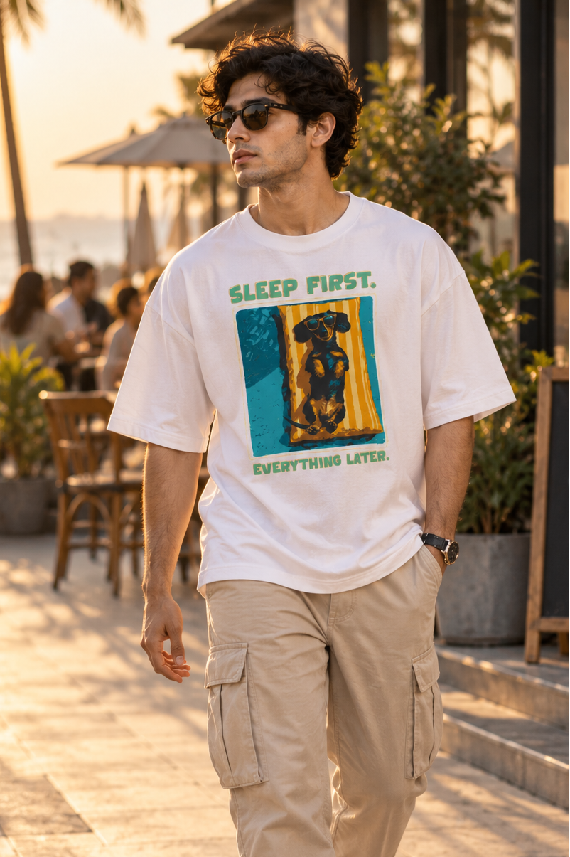 Retro dachshund oversized graphic T-shirt styled with baggy jeans