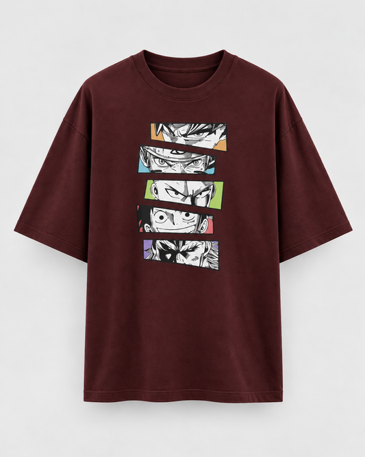 Burgundy/Maroon oversized T-shirt featuring five stacked black-and-white manga-style eye illustrations with colourful accent panels.