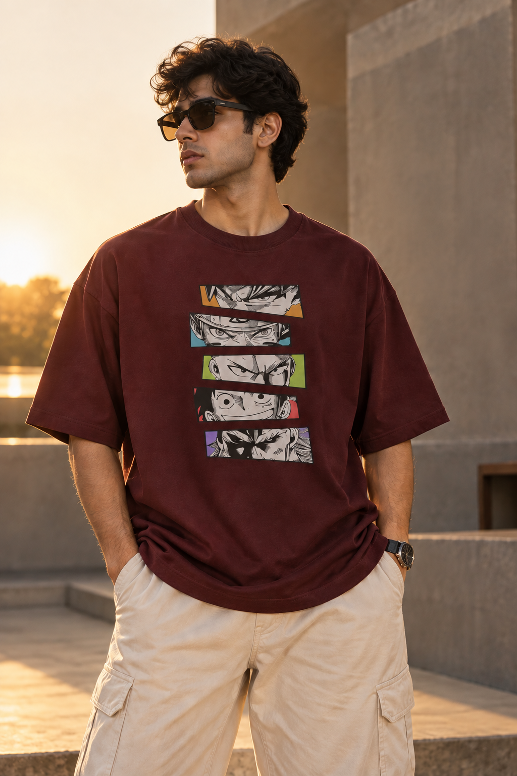 Burgundy/Maroon oversized T-shirt featuring five stacked black-and-white manga-style eye illustrations with colourful accent panels styled with baggy pants.