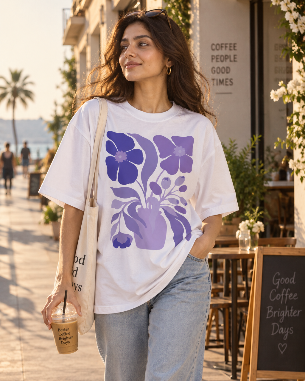 White floral oversized T-shirt styled with casual streetwear