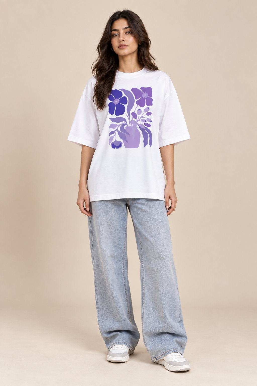 White floral oversized T-shirt styled with casual streetwear