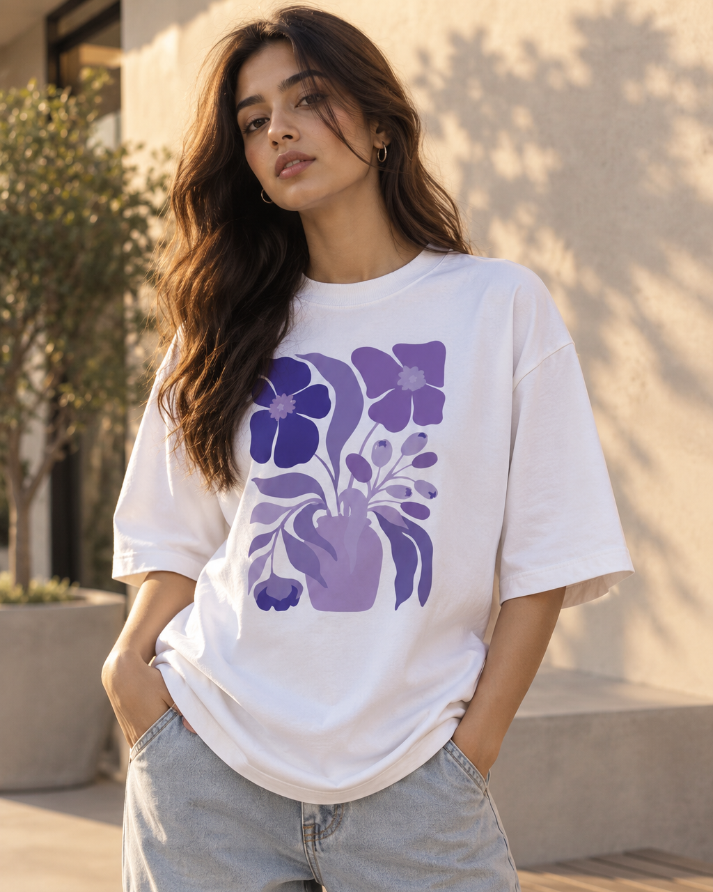 White floral oversized T-shirt styled with casual streetwear