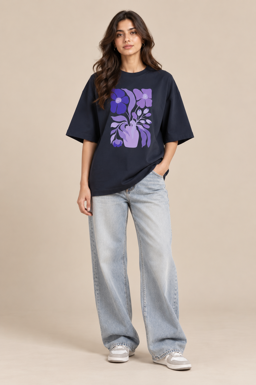Navy Blue floral oversized T-shirt styled with baggy jeans and casual streetwear