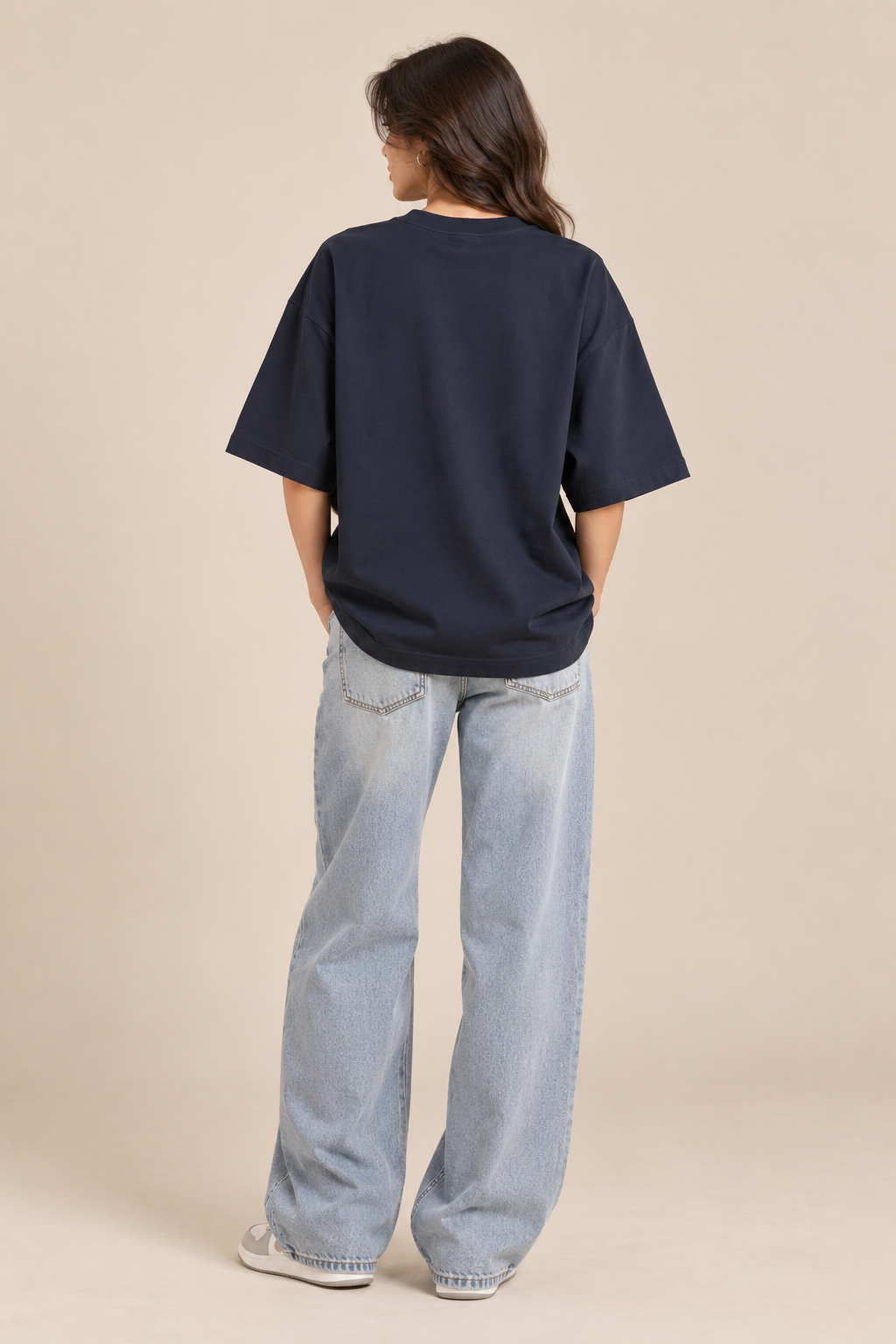 Navy Blue floral oversized T-shirt styled with baggy jeans and casual streetwear