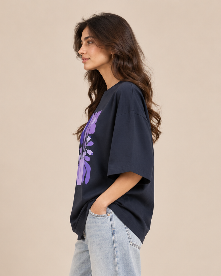 Navy Blue floral oversized T-shirt styled with baggy jeans and casual streetwear