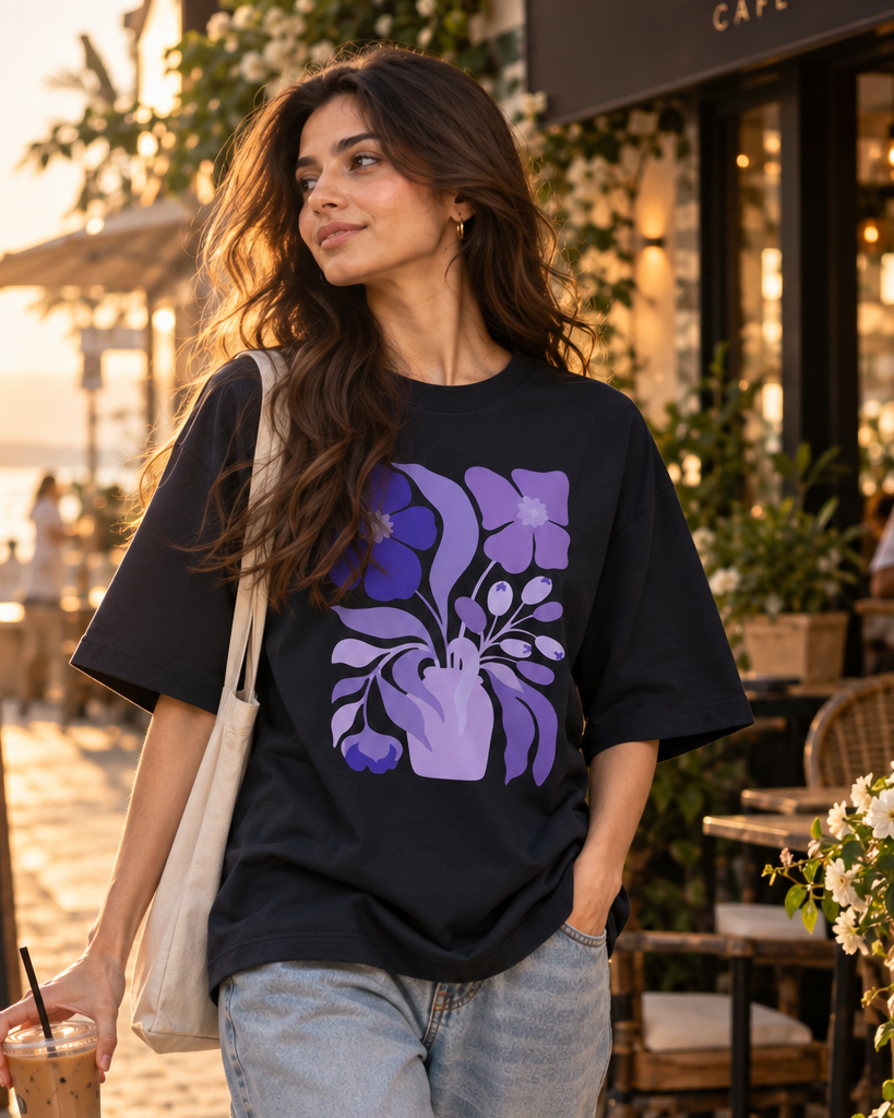 Navy Blue floral oversized T-shirt styled with baggy jeans and casual streetwear
