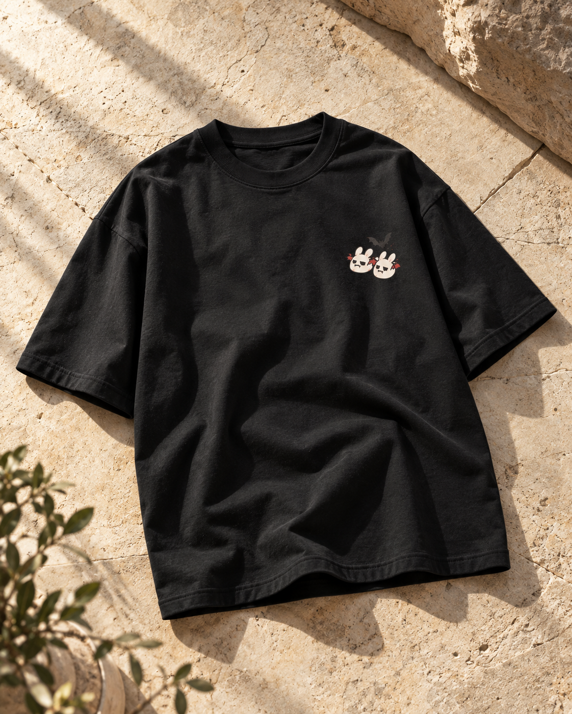 Black oversized T-shirt with a small cute ghost and bunny graphic on the chest, photographed on a beige stone surface.