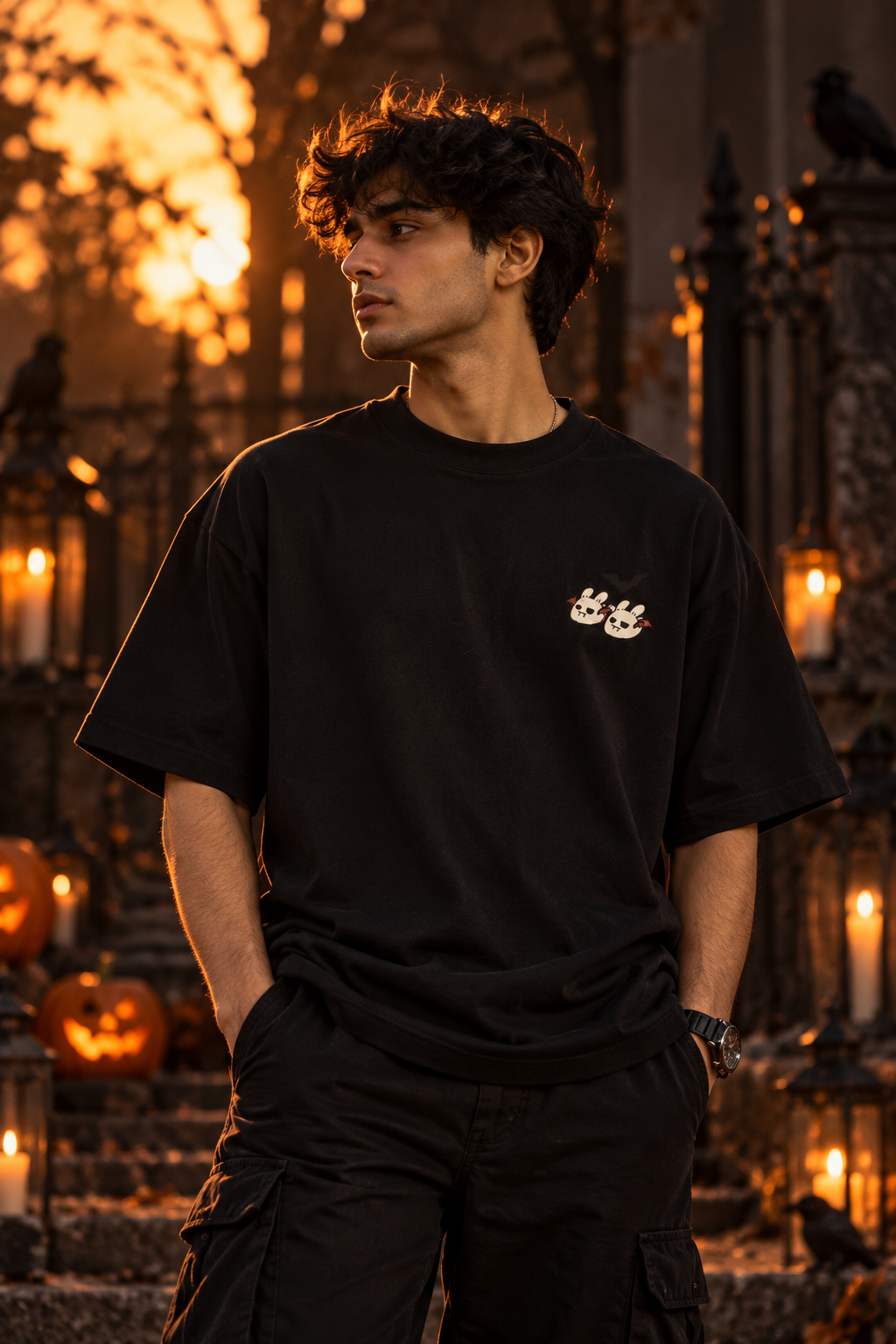 Black oversized T-shirt with a small cute ghost and bunny graphic paired with baggy pants. Back of a black oversized Halloween T-shirt featuring “Too Tired to Haunt” lettering, sleepy ghost characters, bats, skulls, candles, and red-and-cream gothic artwork.
