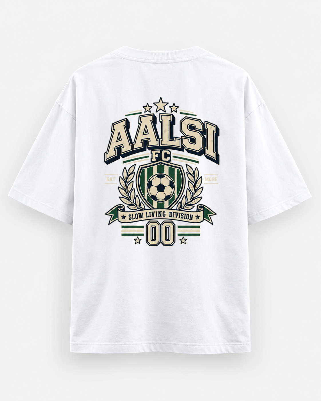 Back of a white Aalsi FC oversized T-shirt featuring a large varsity football crest, soccer ball, laurel graphics and Slow Living Division slogan.