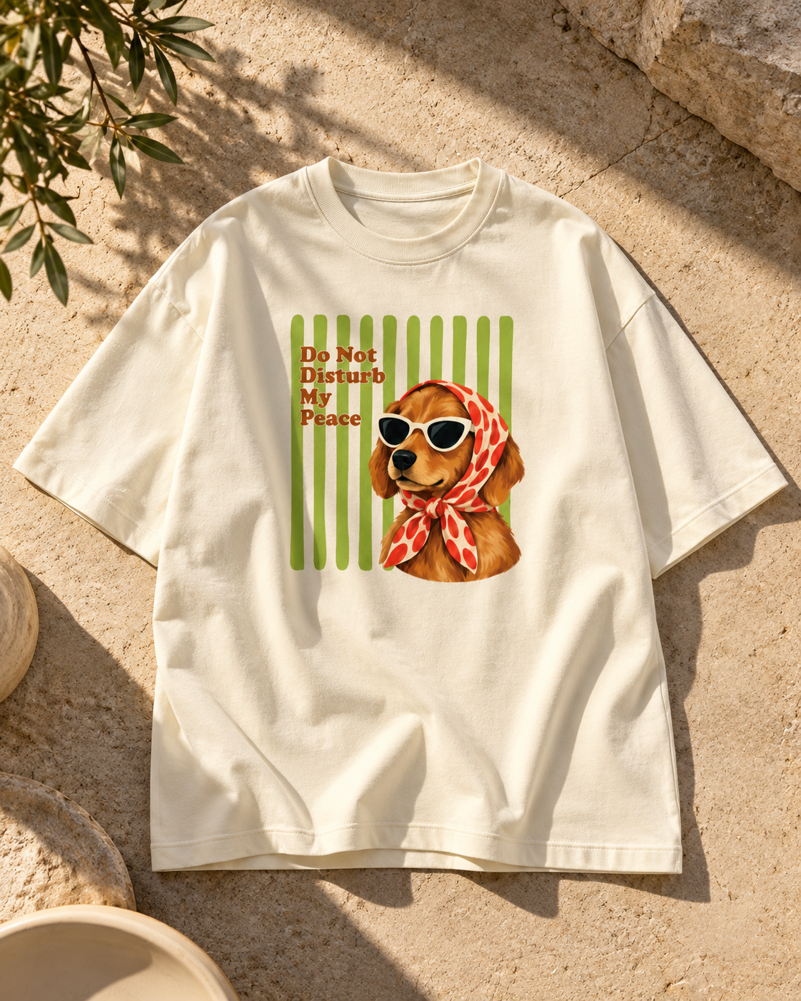 Illustrated brown dog wearing sunglasses and a red polka-dot headscarf