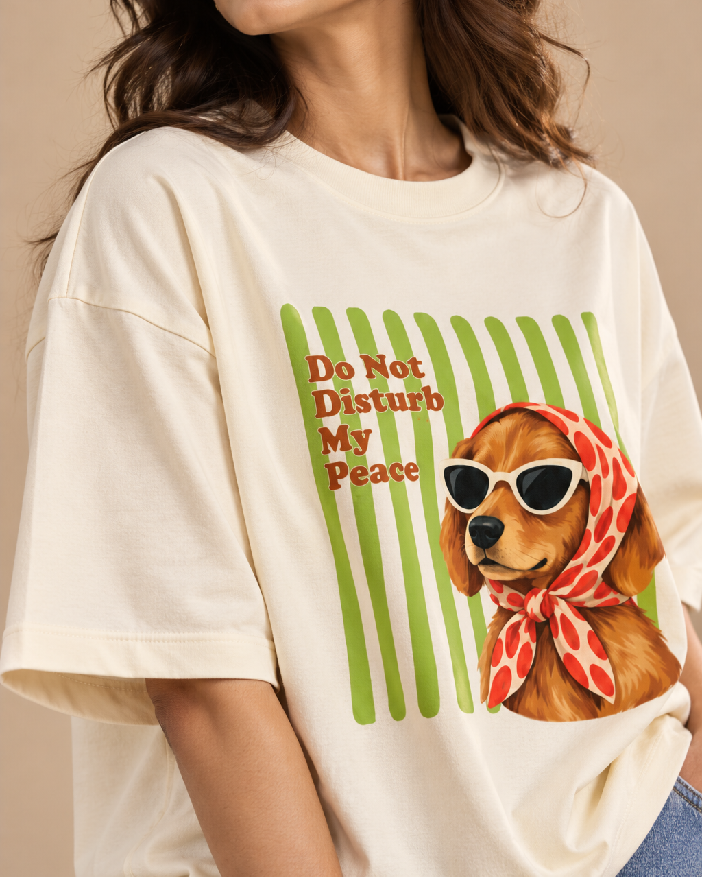 Illustrated brown dog wearing sunglasses and a red polka-dot headscarf
