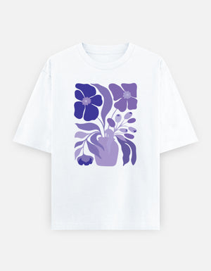 White oversized T-shirt with purple floral botanical graphic print