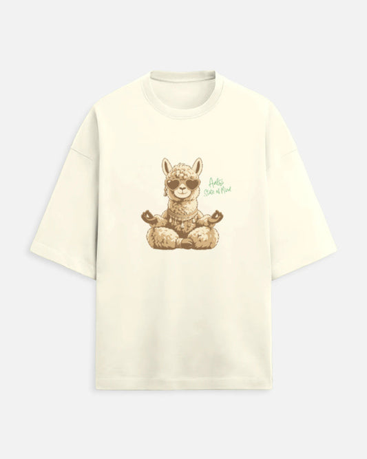 Ivory/Off-White oversized T-shirt with Aalsi State of Mind meditating llama graphic