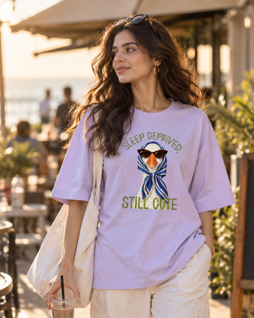 Lavender duck graphic oversized T-shirt styled with baggy jeans