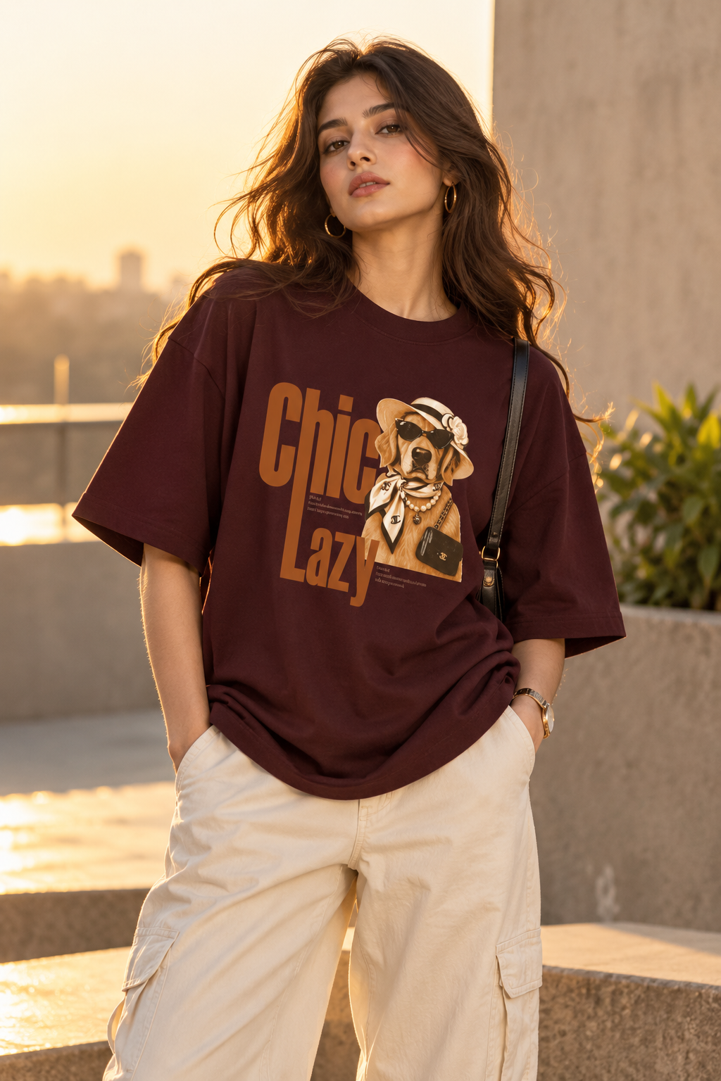 Chic Lazy Dog oversized T-shirt styled with baggy jeans and casual streetwear