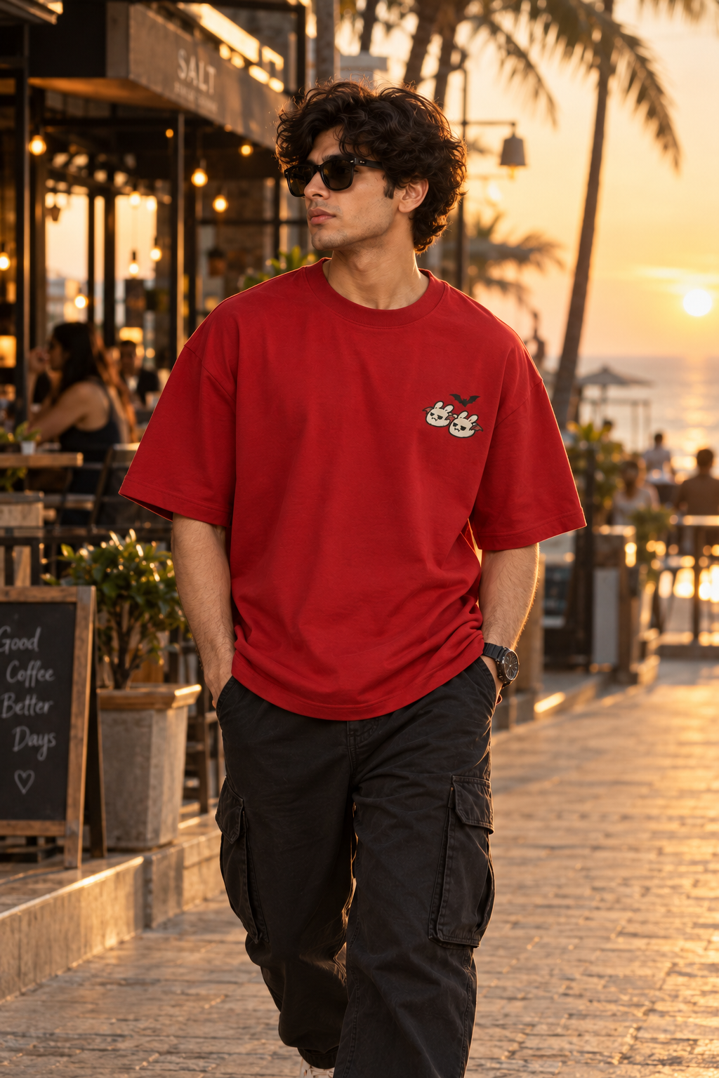 Red oversized Halloween T-shirt with a small cute ghost and bunny graphic and a black bat on the chest styled with baggy pants