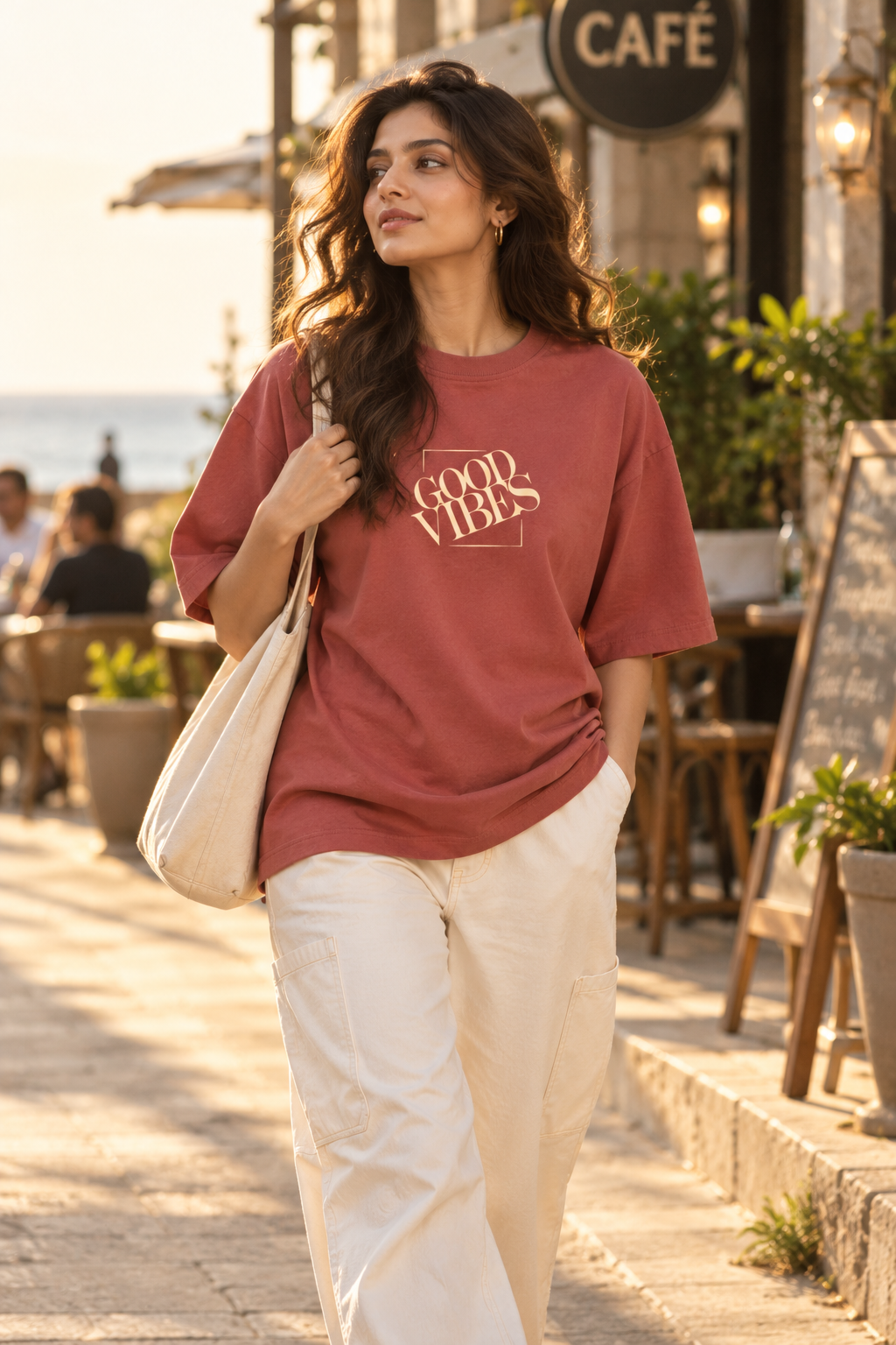 Good Vibes Oversized T-Shirt – Coral Minimalist Graphic Tee