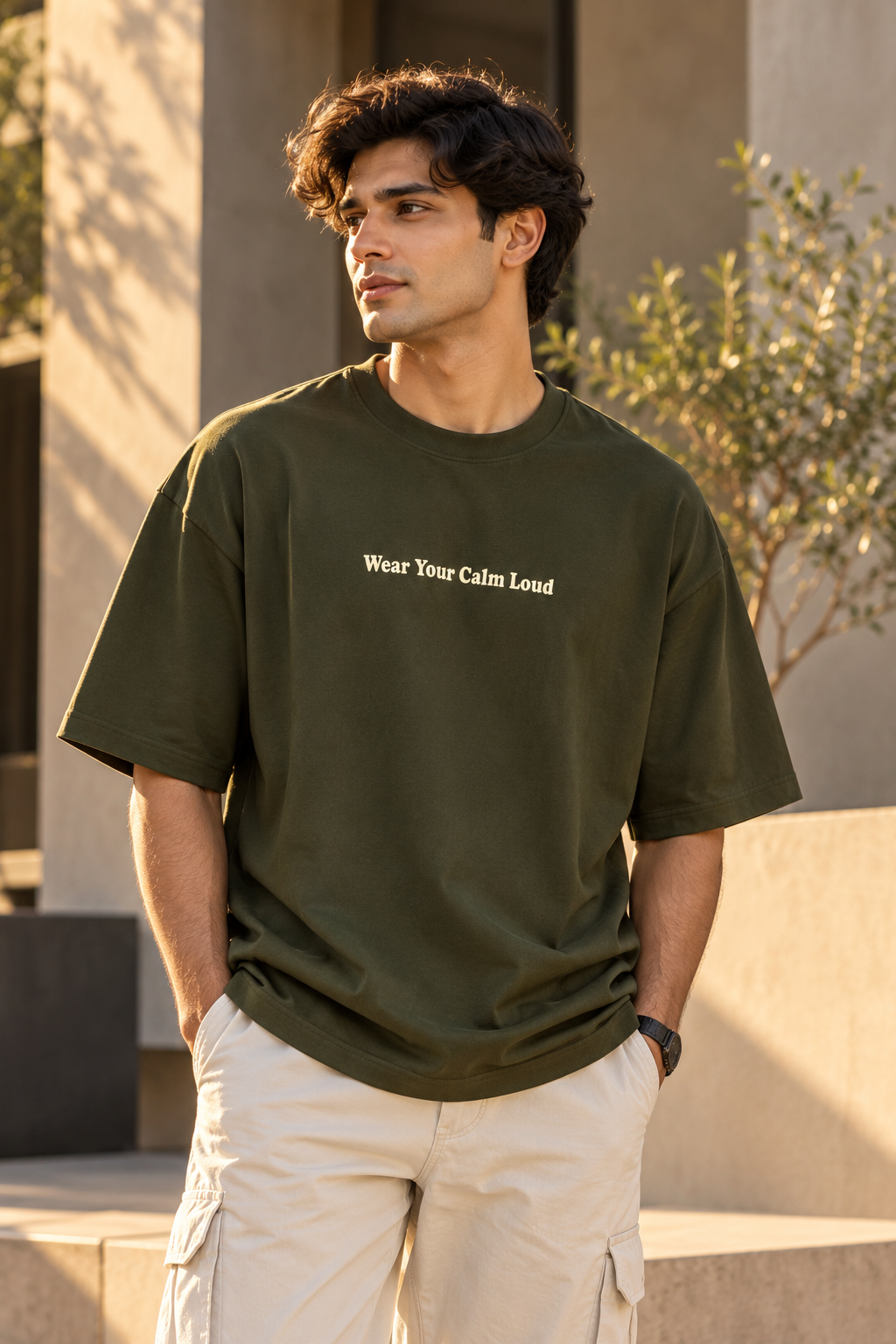 Wear Your Calm Loud Oversized T-Shirt – Olive Green Minimalist Tee