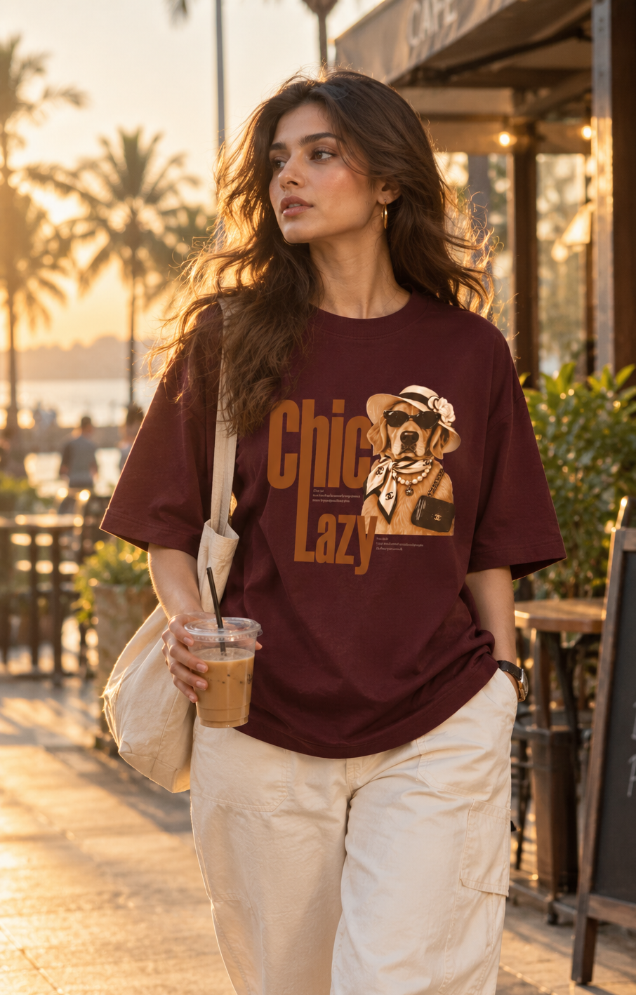 Burgundy/Maroon oversized graphic T-shirt featuring a chic Golden Retriever illustration with sunglasses, hat, pearls and retro “Chic Lazy” typography.