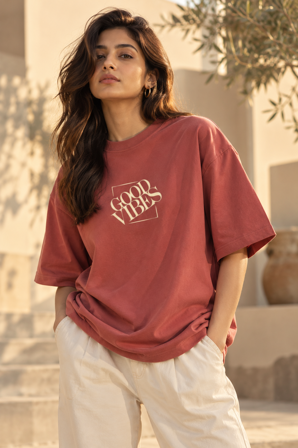 Good Vibes Oversized T-Shirt – Coral Minimalist Graphic Tee