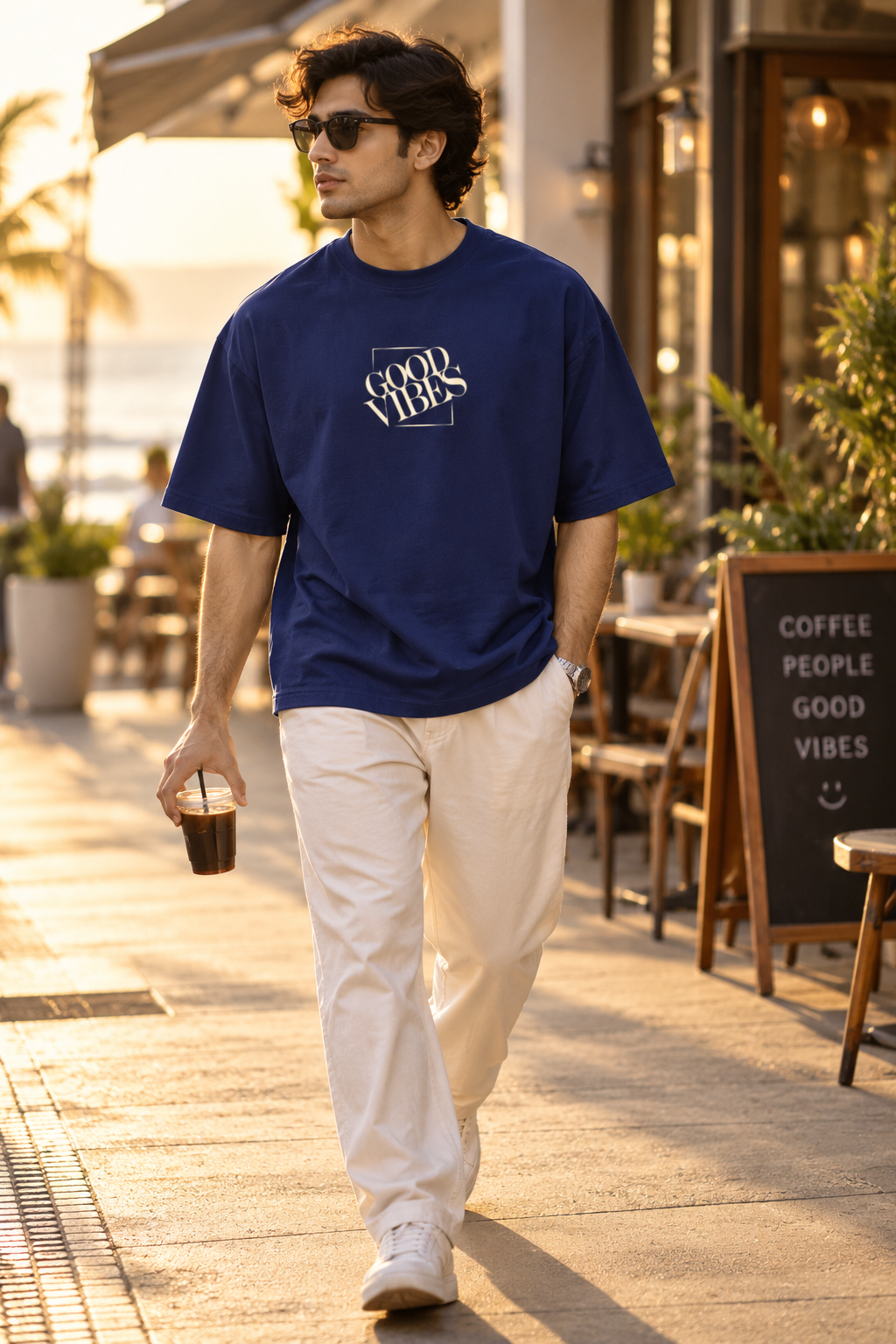 Good Vibes Oversized T-Shirt – Royal Blue Minimalist Graphic Tee