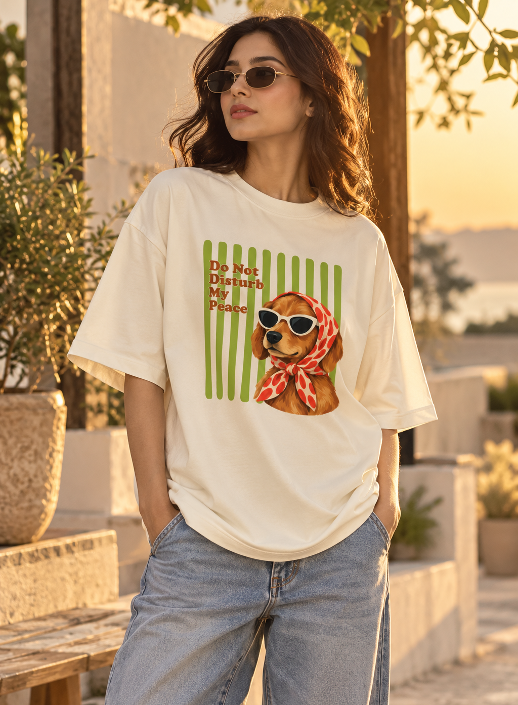 Oversized dog graphic T-shirt styled with casual jeans and sneakers