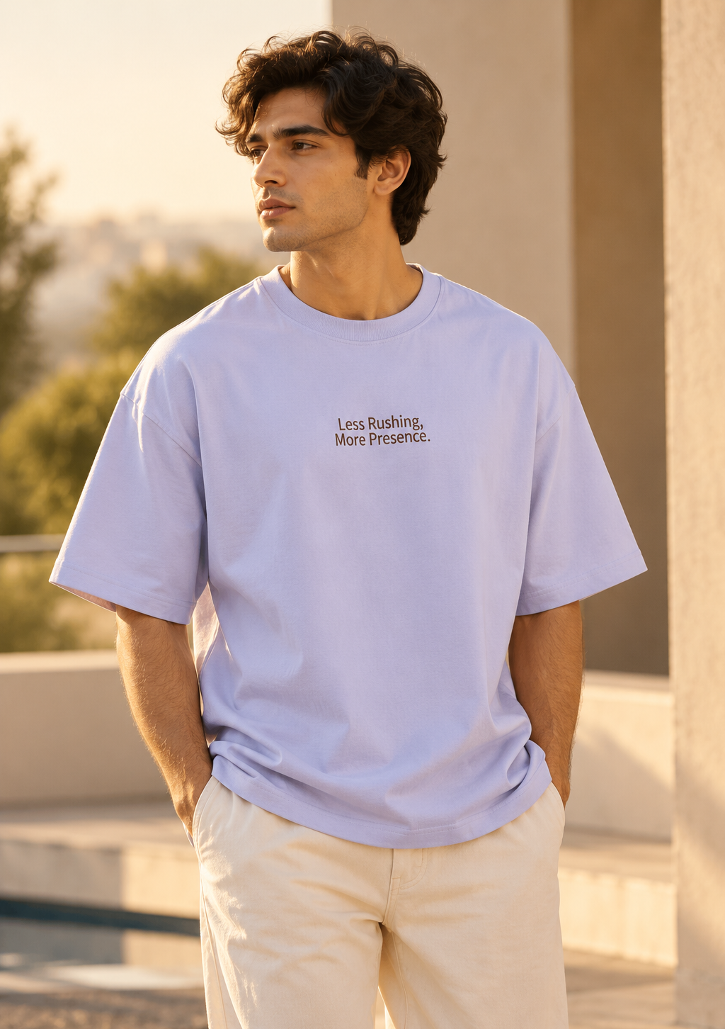 Less Rushing More Presence Oversized T-Shirt – Lavender Minimalist Tee