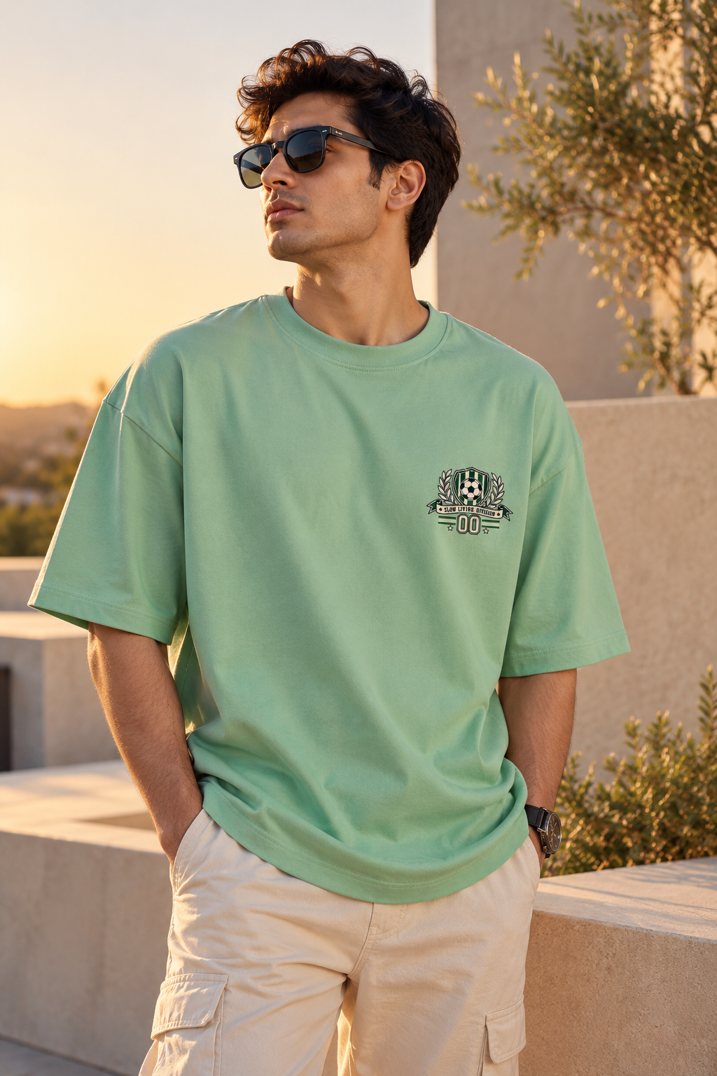 Jade green oversized football T-shirt with a small green and cream soccer crest graphic on the chest styled with baggy pants.