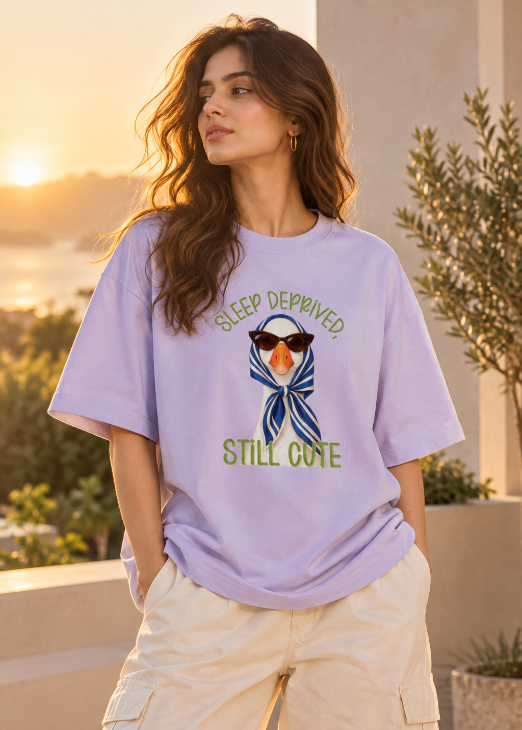 Lavender duck graphic oversized T-shirt styled with baggy cargo jeans