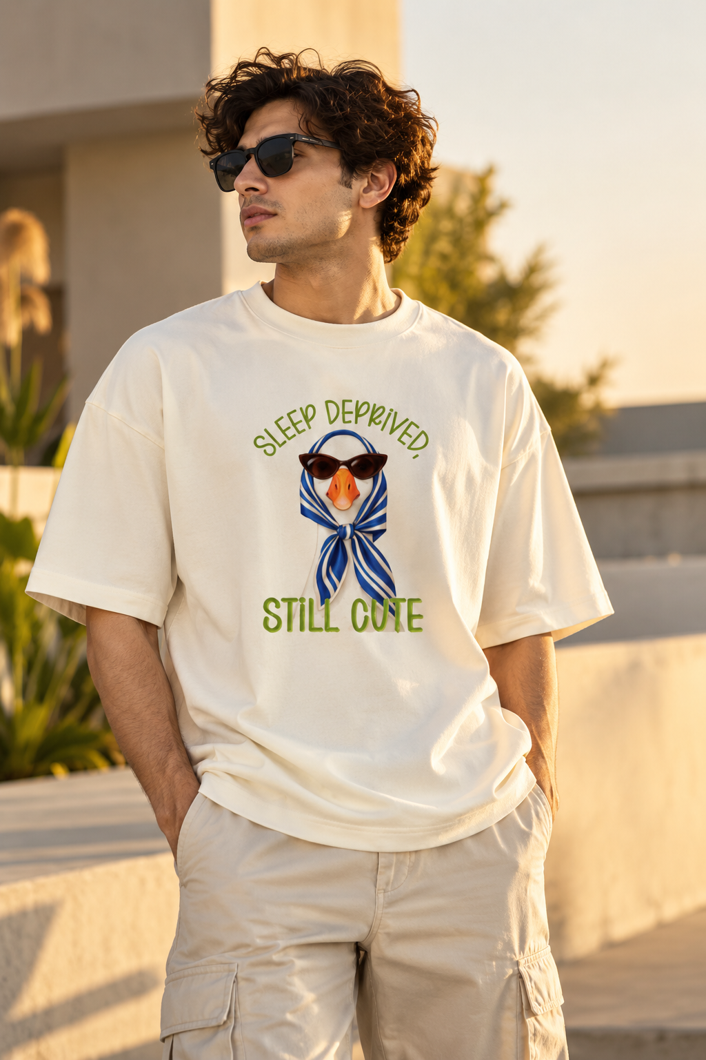 Styling an ivory duck graphic oversized T-shirt with casual streetwear