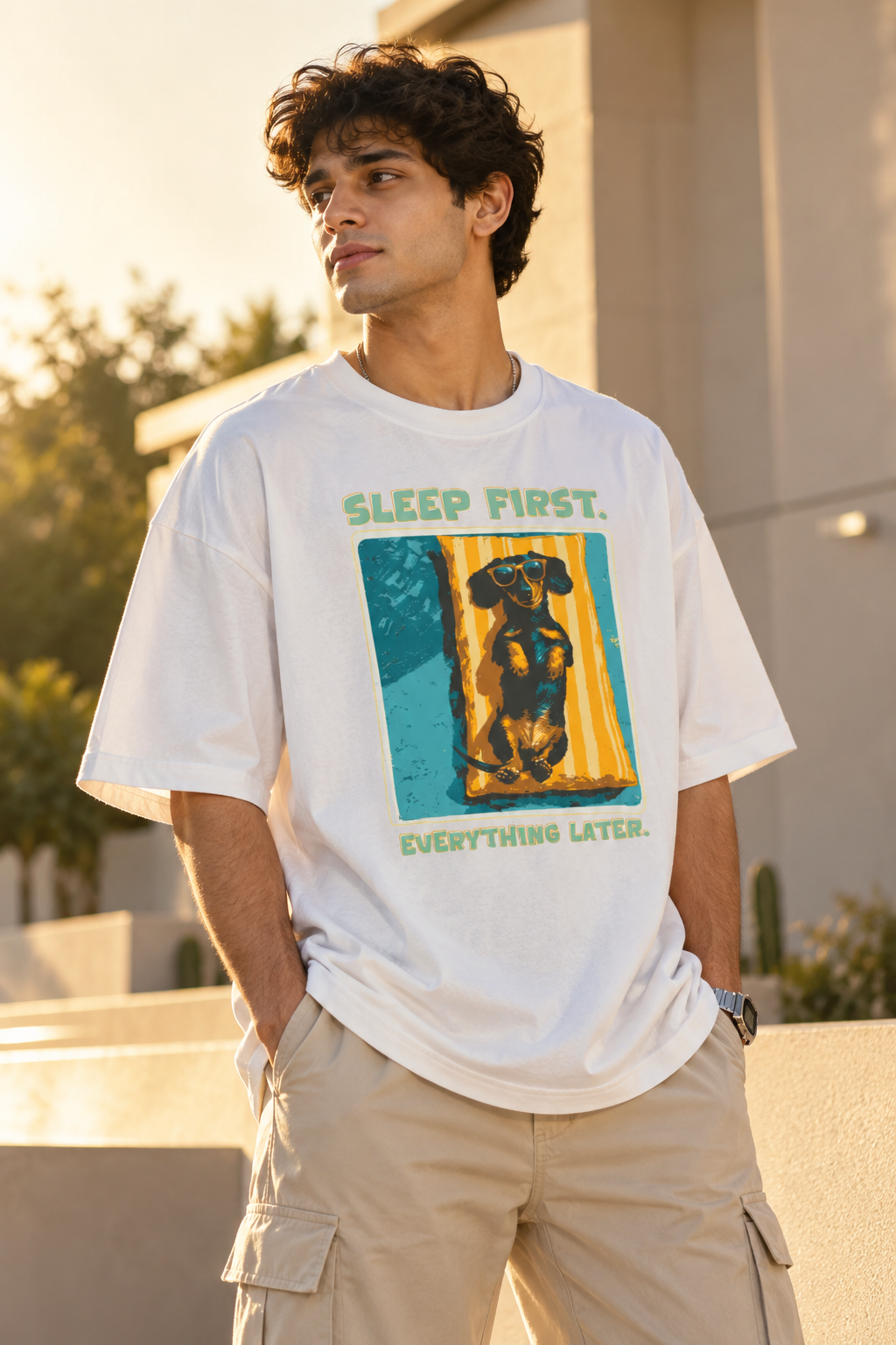 Retro dachshund oversized graphic T-shirt styled with baggy jeans