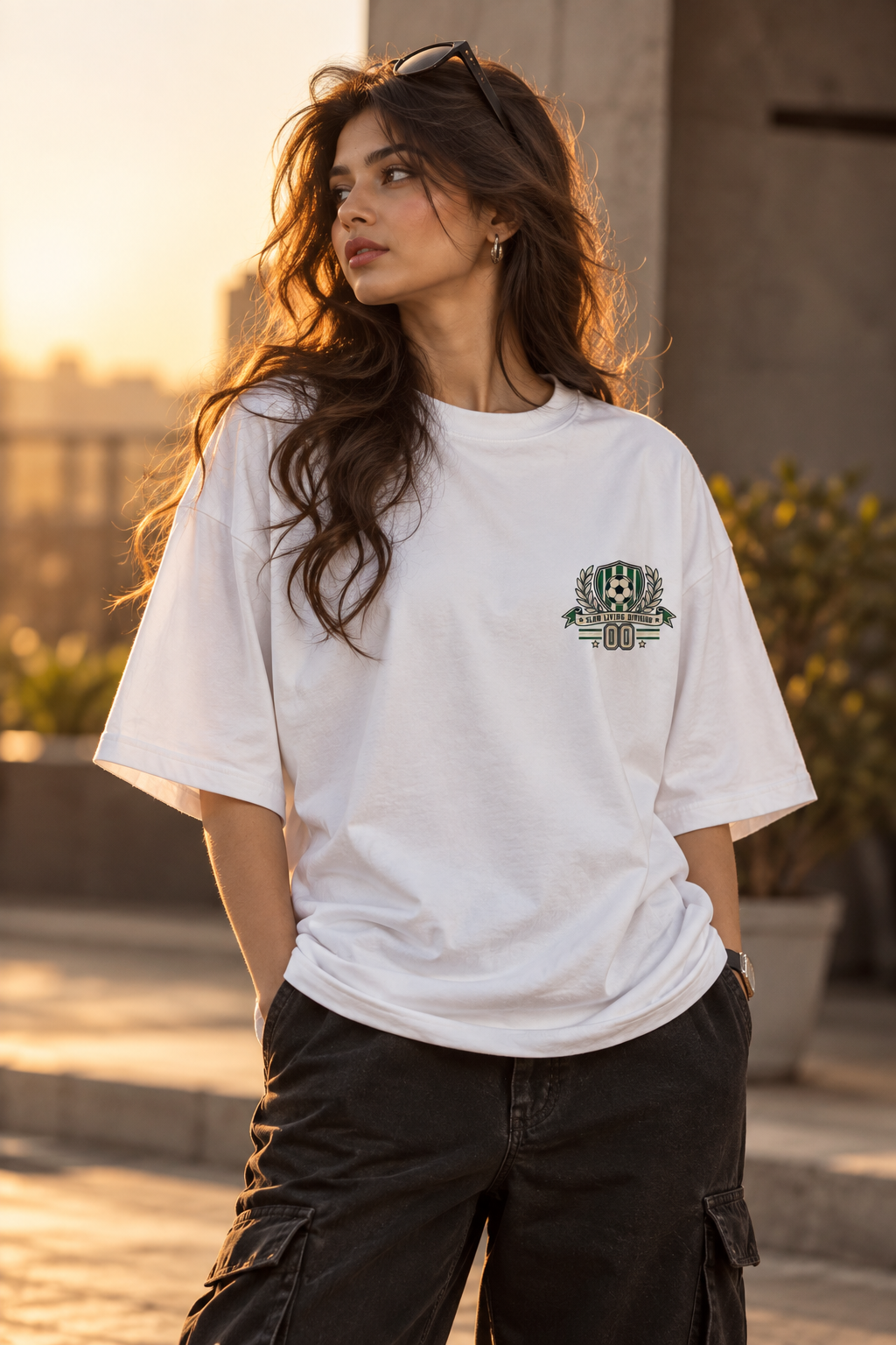 White oversized football T-shirt with a small green and cream soccer crest graphic on the chest styled with baggy pants.