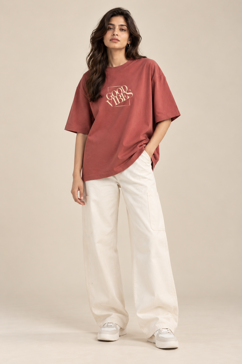 Good Vibes Oversized T-Shirt – Coral Minimalist Graphic Tee