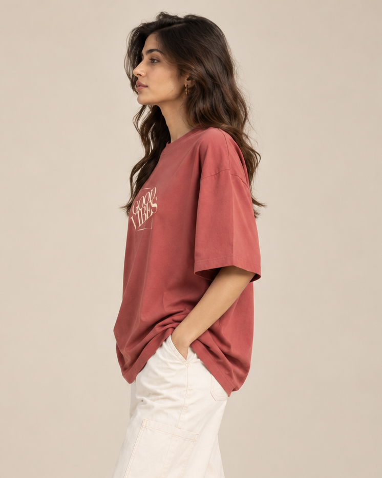 Good Vibes Oversized T-Shirt – Coral Minimalist Graphic Tee