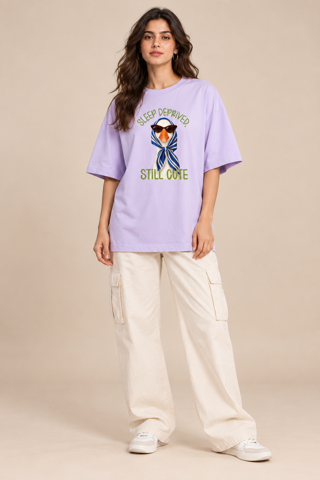 Lavender duck graphic oversized T-shirt styled with baggy jeans
