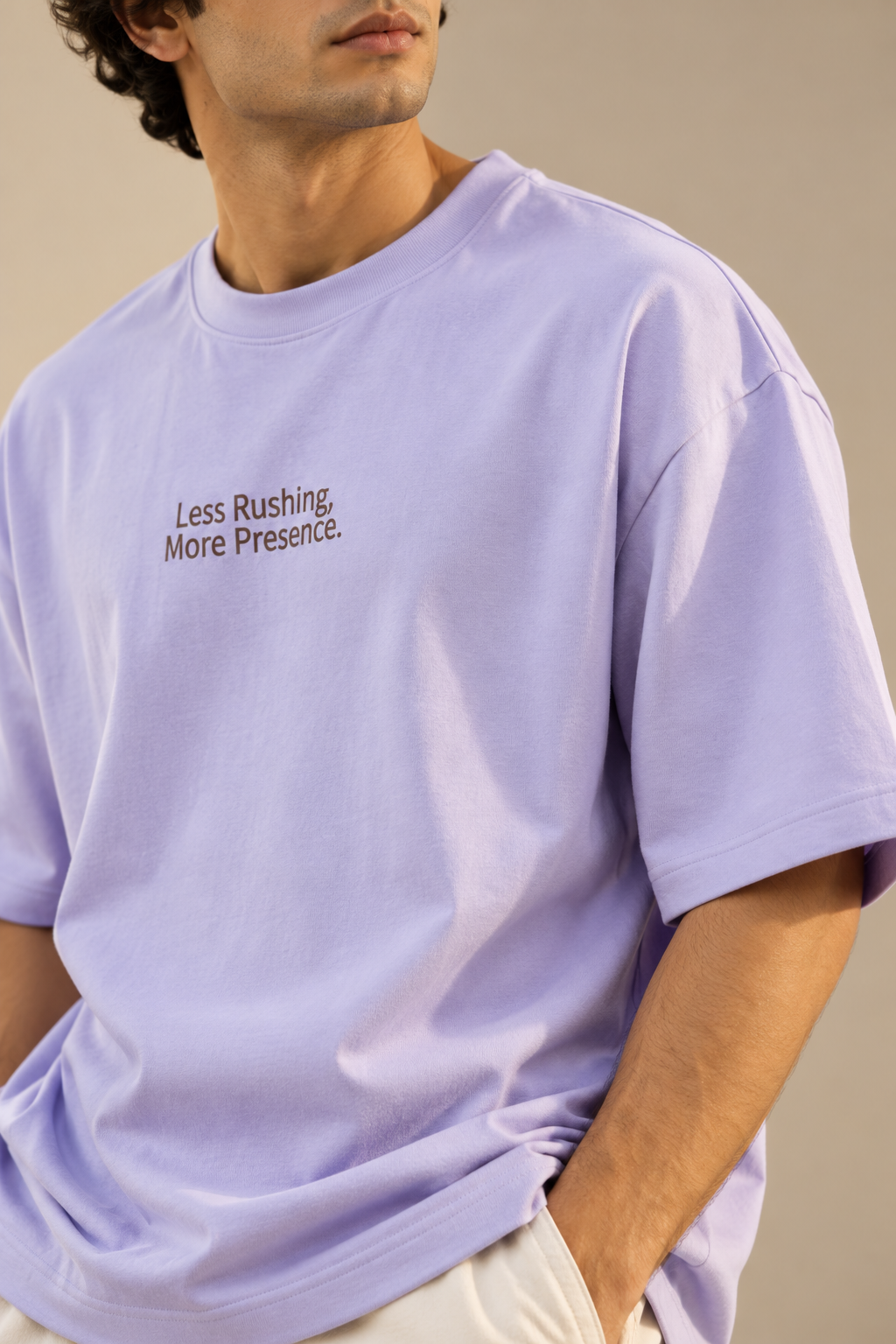 Less Rushing More Presence Oversized T-Shirt – Lavender Minimalist Tee