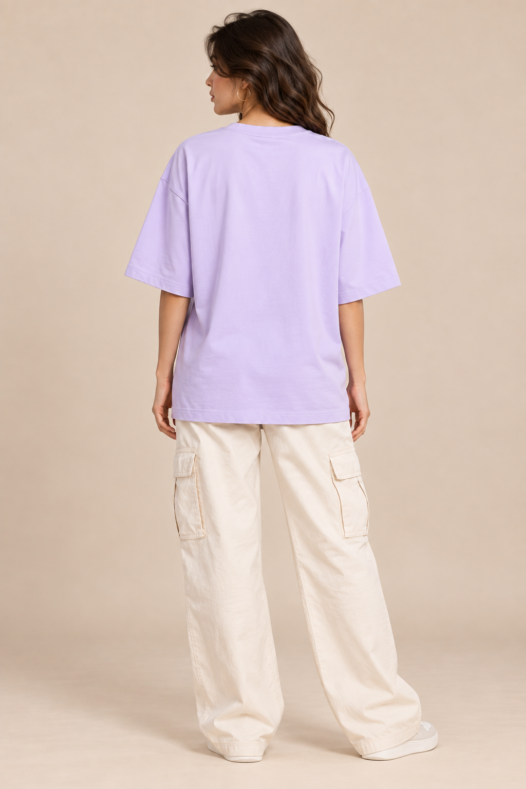 Lavender duck graphic oversized T-shirt styled with baggy jeans