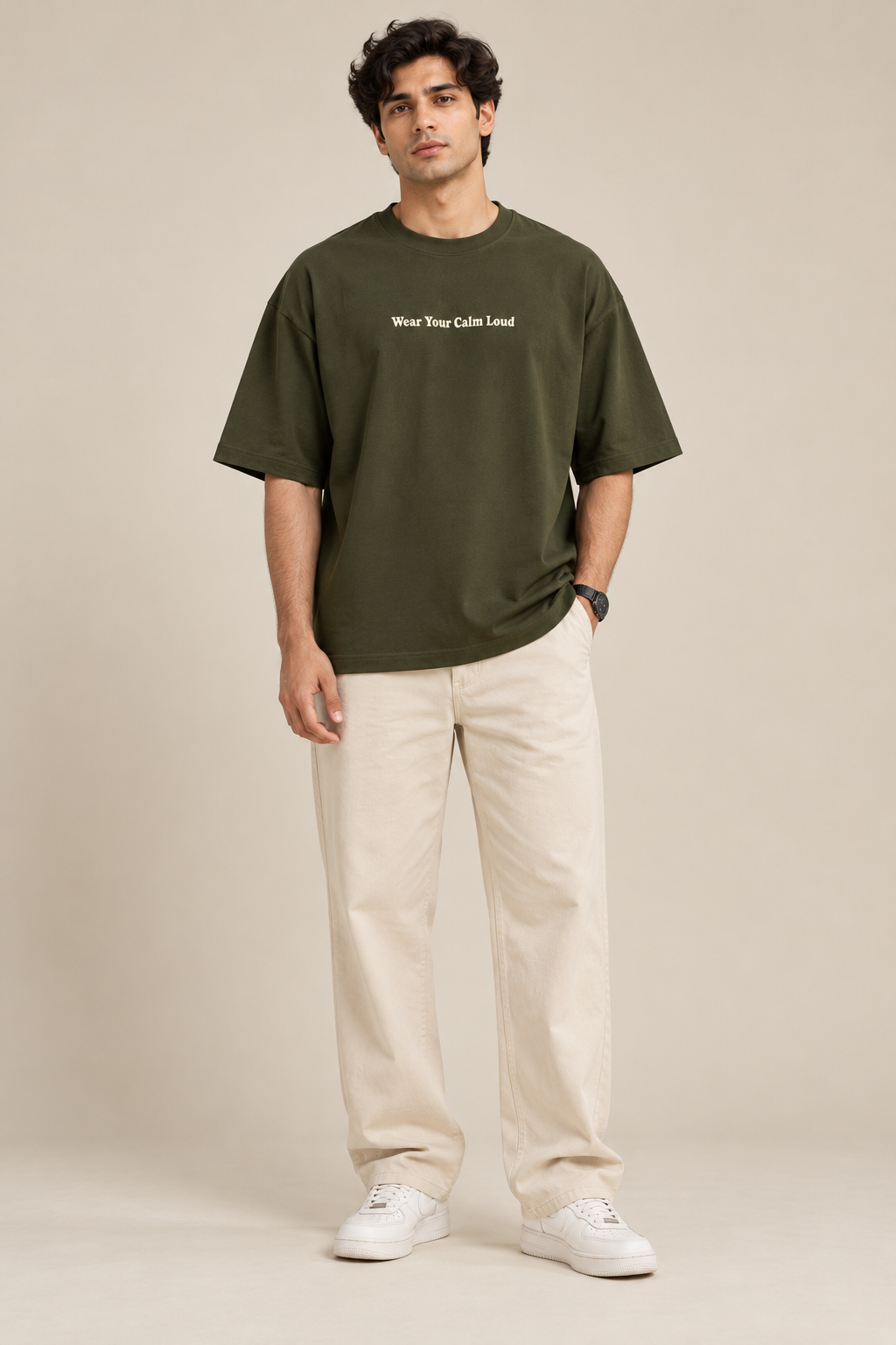 Wear Your Calm Loud Oversized T-Shirt – Olive Green Minimalist Tee