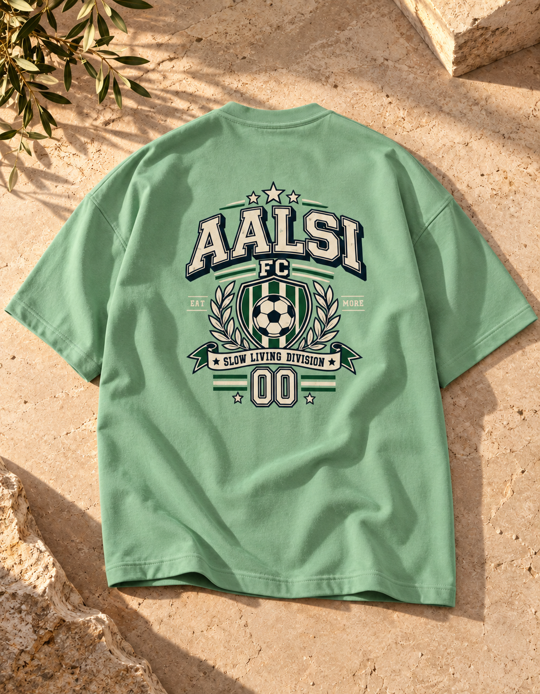Back of a jade green Aalsi FC oversized T-shirt featuring a varsity football crest, soccer ball, laurel graphics, and Slow Living Division slogan.