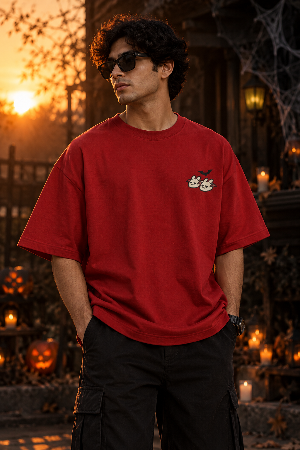 Red oversized Halloween T-shirt with a small cute ghost and bunny graphic and a black bat on the chest styled with baggy pants