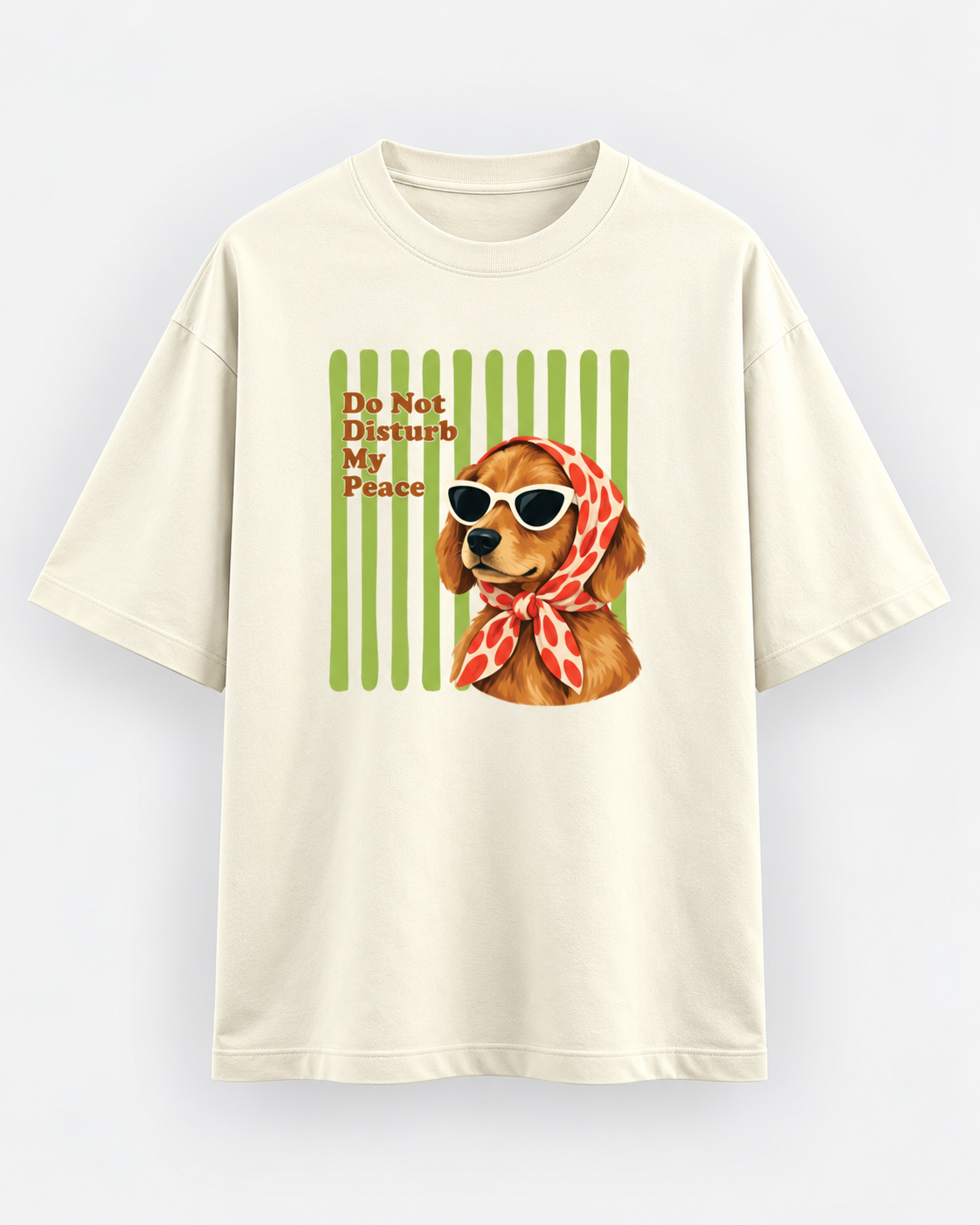 Ivory/Off-white oversized T-shirt with Do Not Disturb My Peace dog graphic