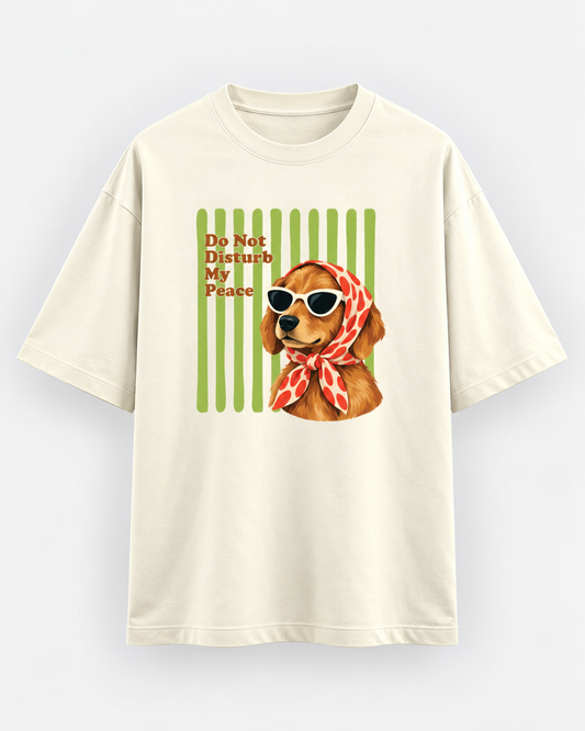 Ivory/Off-white oversized T-shirt with Do Not Disturb My Peace dog graphic