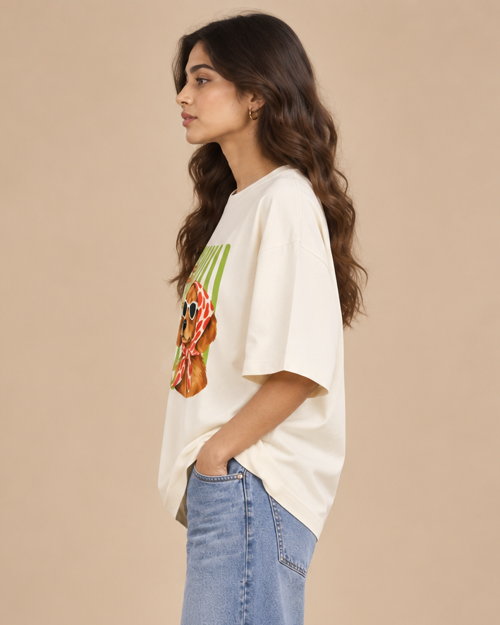 Oversized dog graphic T-shirt styled with casual jeans and sneakers
