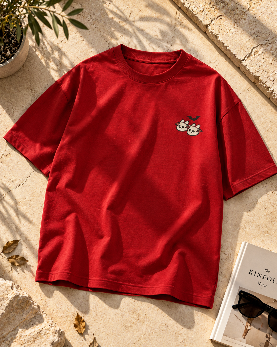 Red oversized Halloween T-shirt with a small cute ghost and bunny graphic and a black bat on the chest.