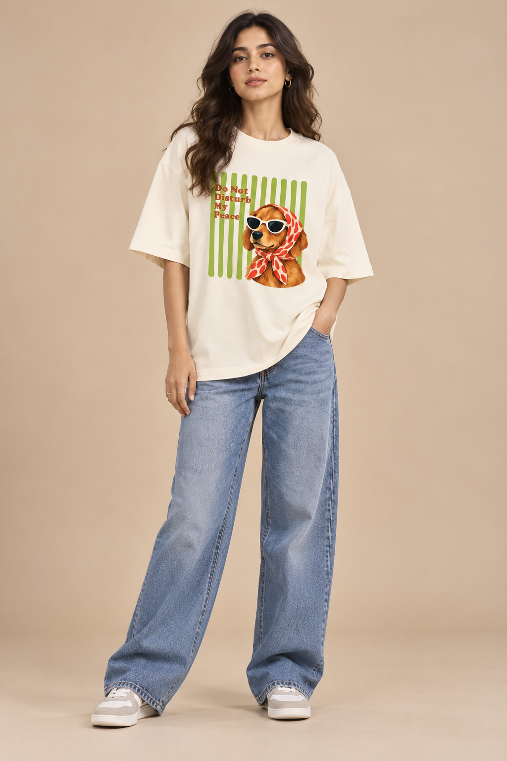 Oversized dog graphic T-shirt styled with casual jeans and sneakers