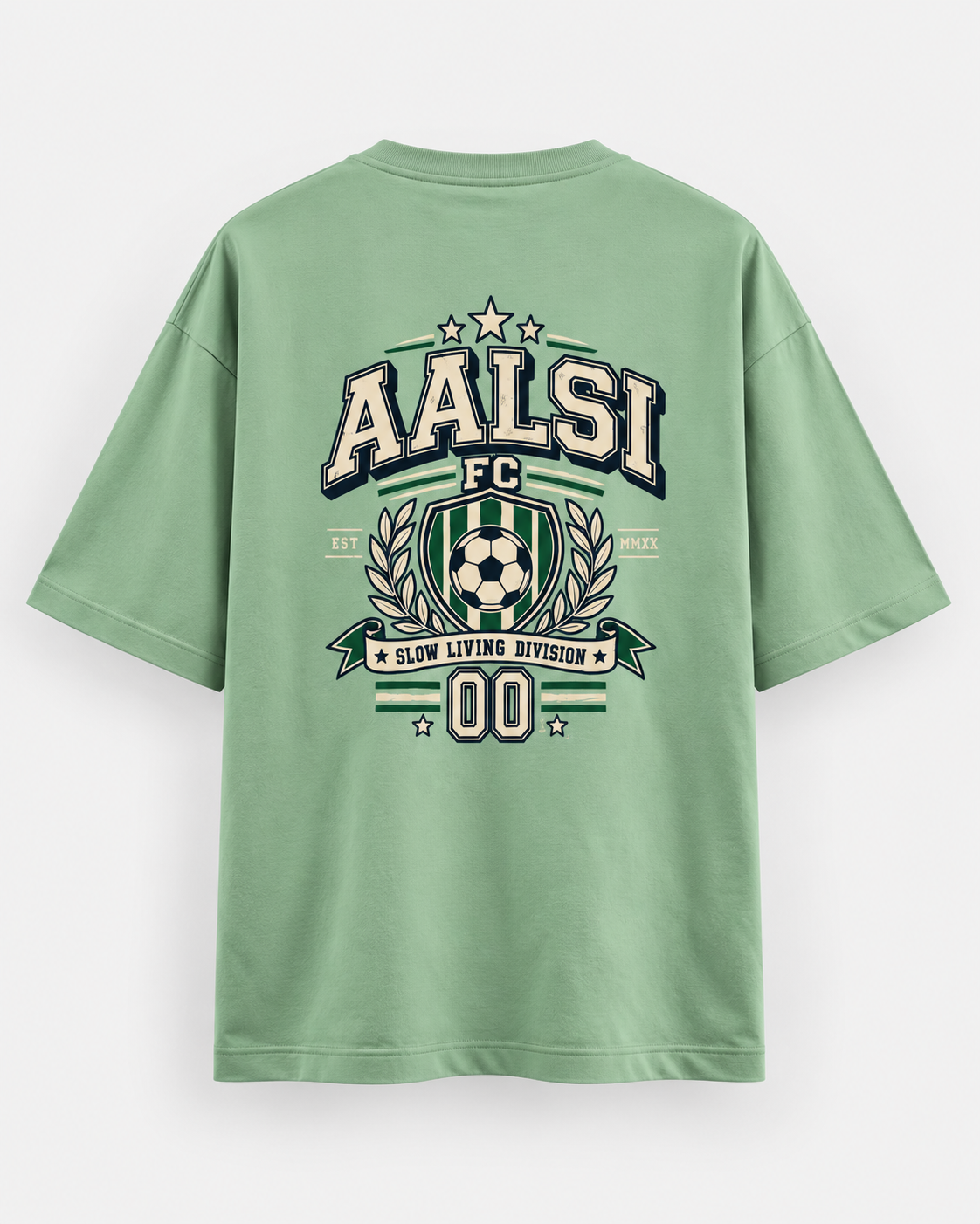 Back of a jade green Aalsi FC oversized T-shirt featuring a varsity football crest, soccer ball, laurel graphics, and Slow Living Division slogan.