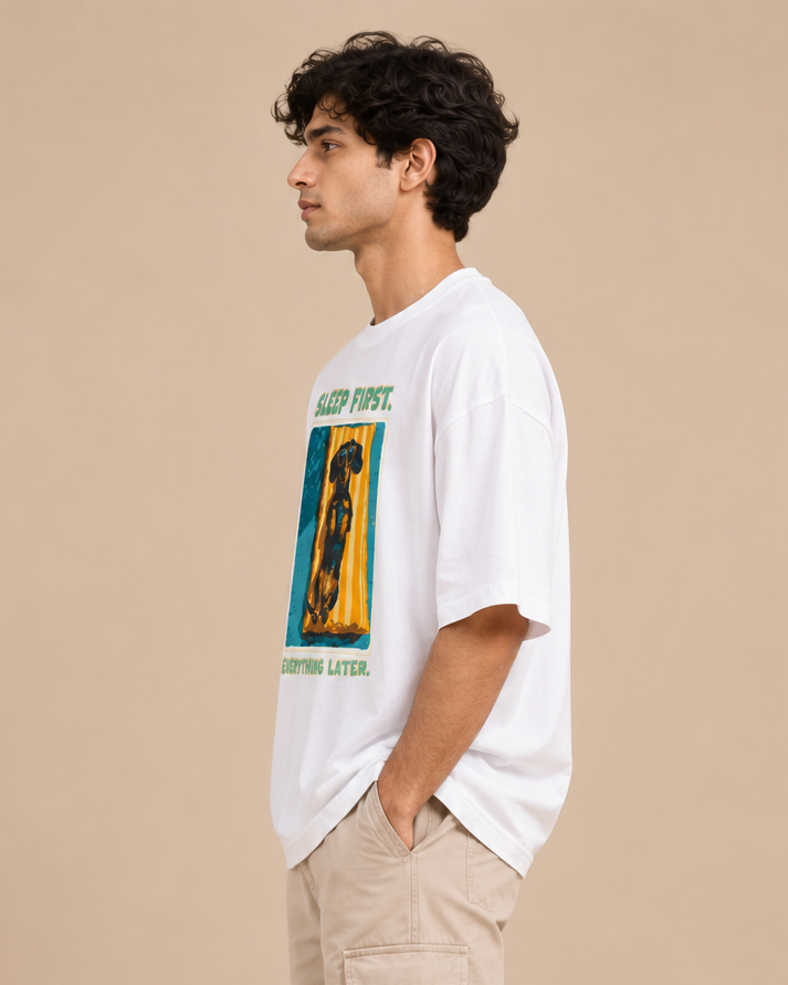 Retro dachshund oversized graphic T-shirt styled with baggy jeans