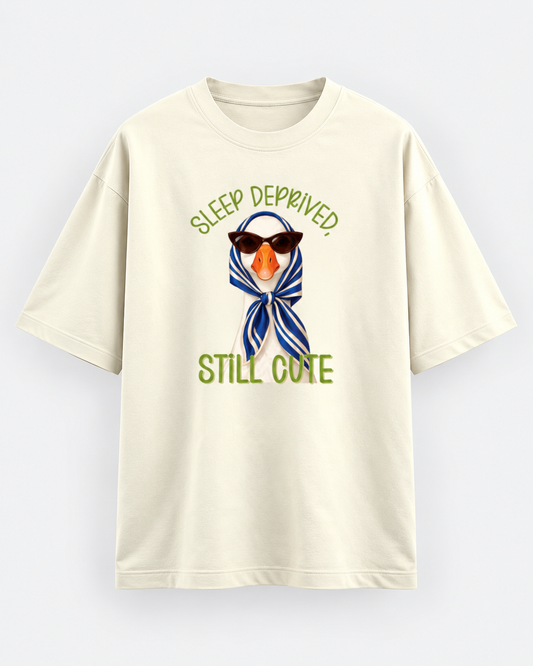 Ivory oversized duck graphic T-shirt with Sleep Deprived Still Cute print